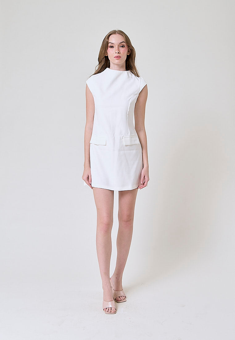 Storm White Crew Neck Cap Sleeves Zipper Back Mini Dress