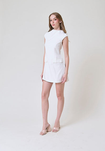 Storm White Crew Neck Cap Sleeves Zipper Back Mini Dress