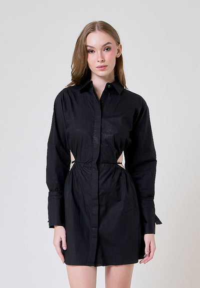 Amber Black Waist Hollow Long Sleeve Drawstring Collar Shirt Dress