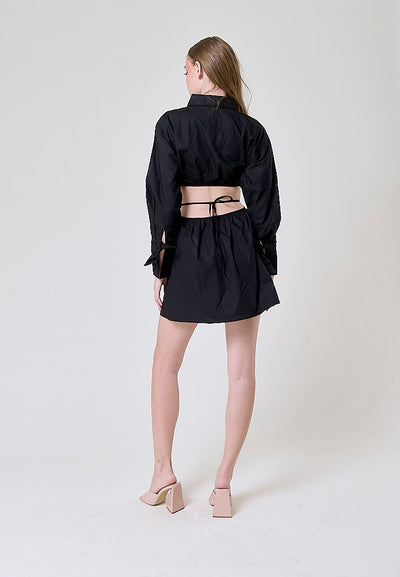 Amber Black Waist Hollow Long Sleeve Drawstring Collar Shirt Dress