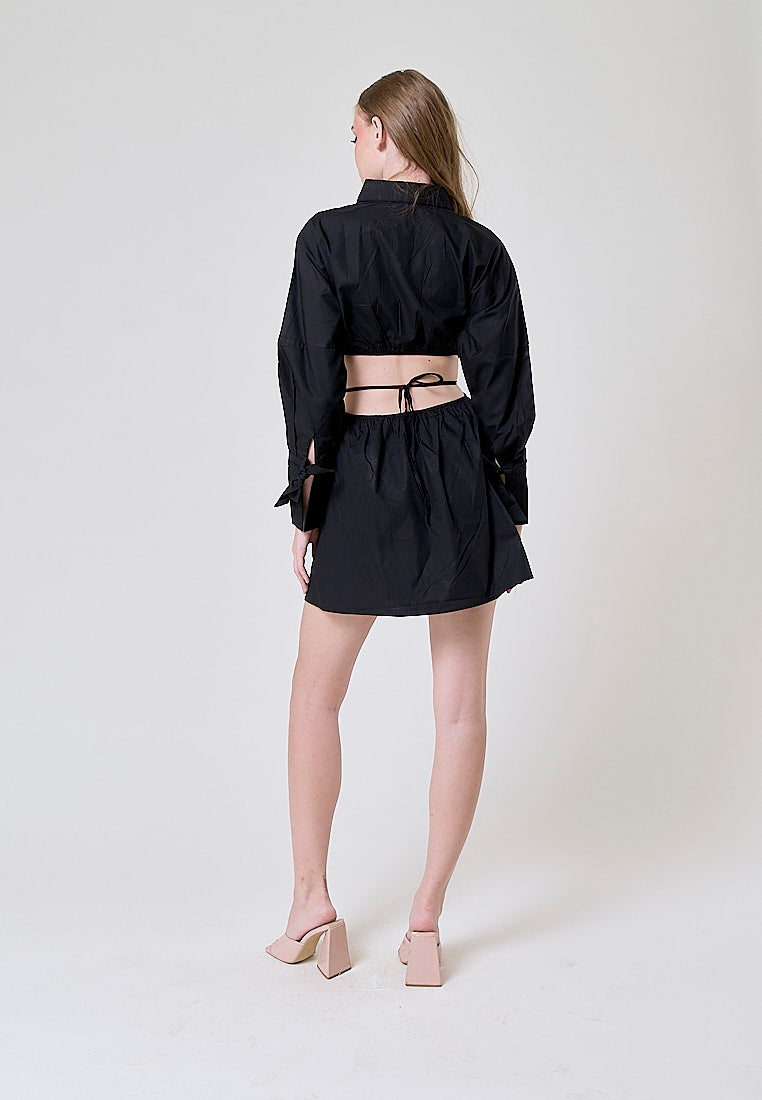 Amber Black Waist Hollow Long Sleeve Drawstring Collar Shirt Dress