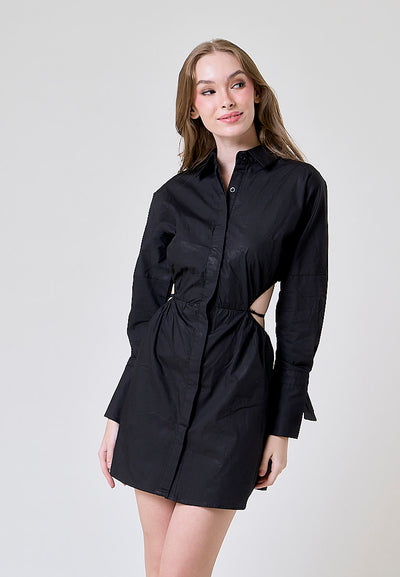 Amber Black Waist Hollow Long Sleeve Drawstring Collar Shirt Dress