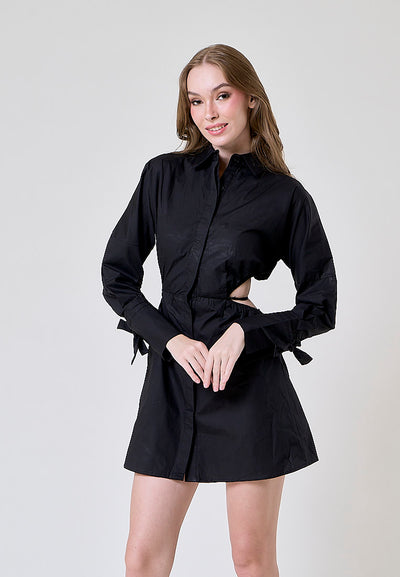 Amber Black Waist Hollow Long Sleeve Drawstring Collar Shirt Dress