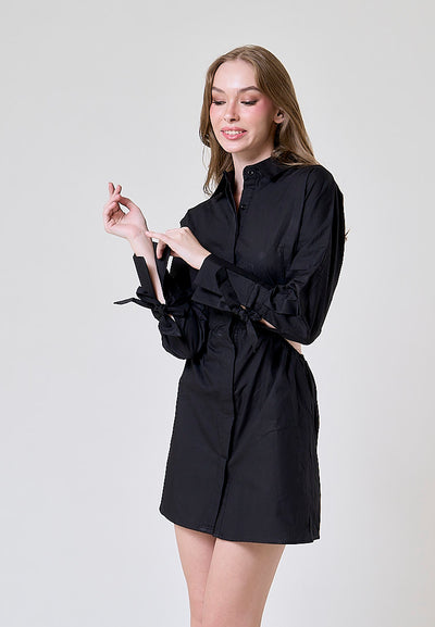 Amber Black Waist Hollow Long Sleeve Drawstring Collar Shirt Dress