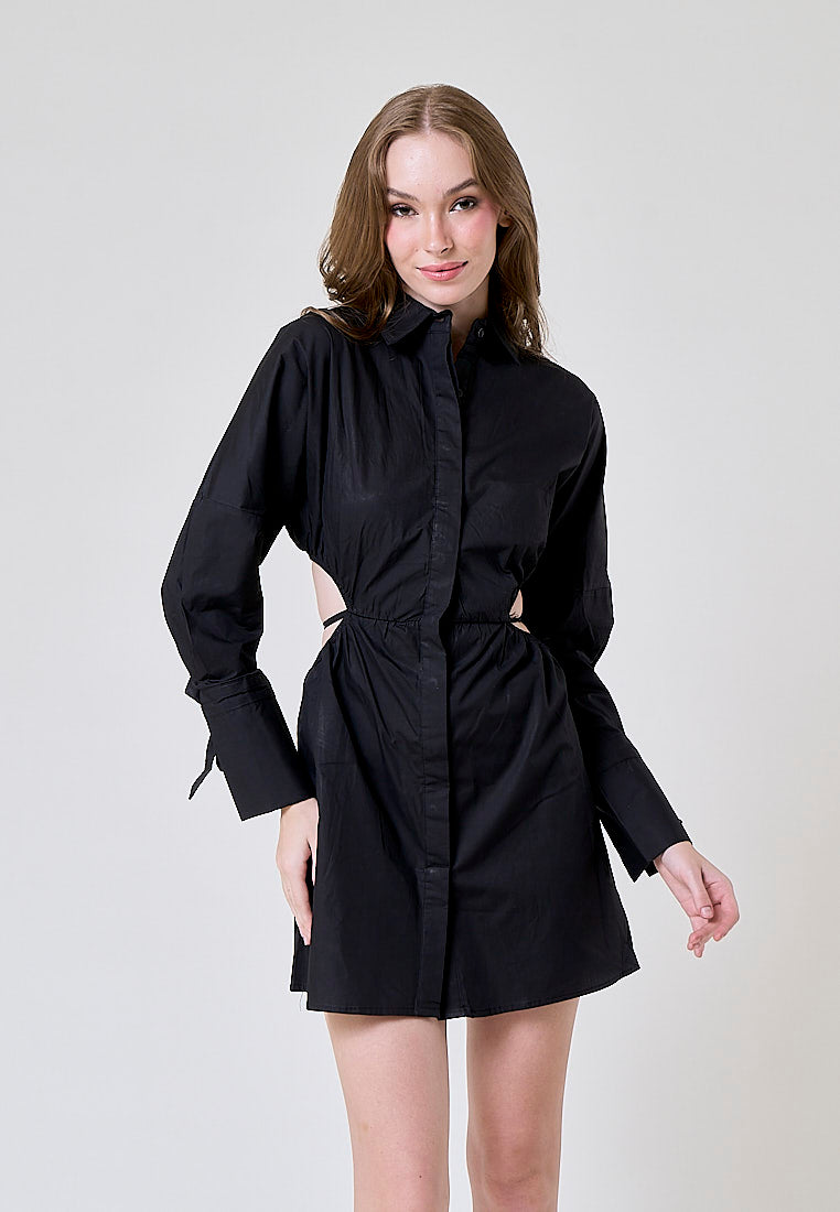 Amber Black Waist Hollow Long Sleeve Drawstring Collar Shirt Dress