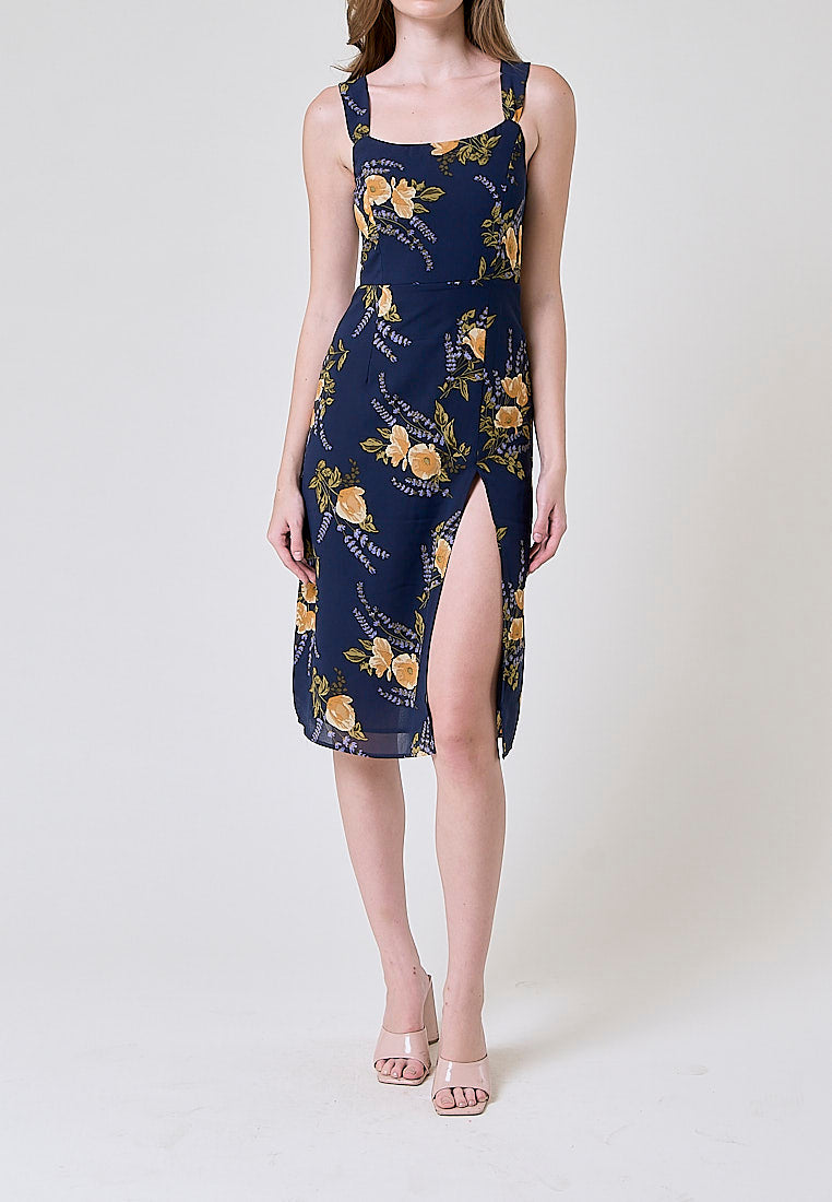 Seraphine Blue Floral Print Square Neck Side Slit Sleeveless Midi Dress