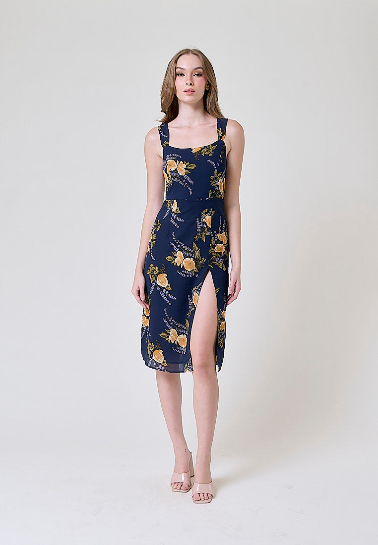 Seraphine Blue Floral Print Square Neck Side Slit Sleeveless Midi Dress