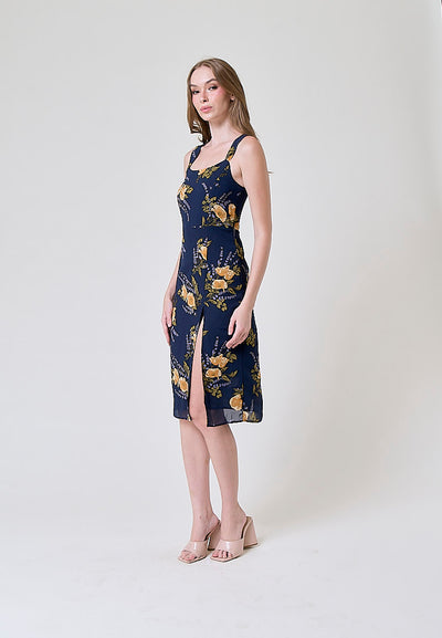 Seraphine Blue Floral Print Square Neck Side Slit Sleeveless Midi Dress