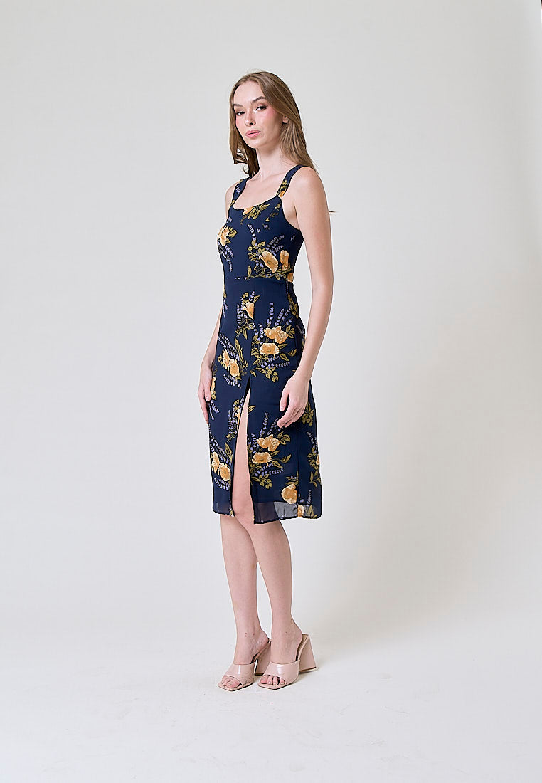 Seraphine Blue Floral Print Square Neck Side Slit Sleeveless Midi Dress