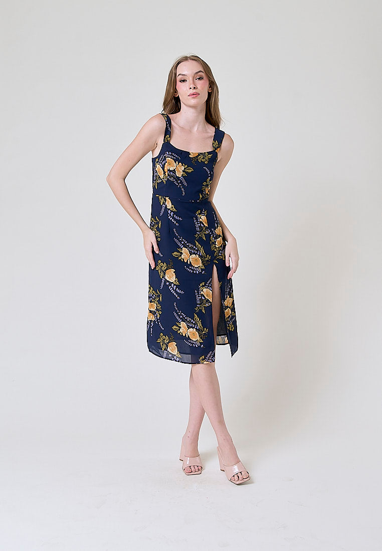 Seraphine Blue Floral Print Square Neck Side Slit Sleeveless Midi Dress