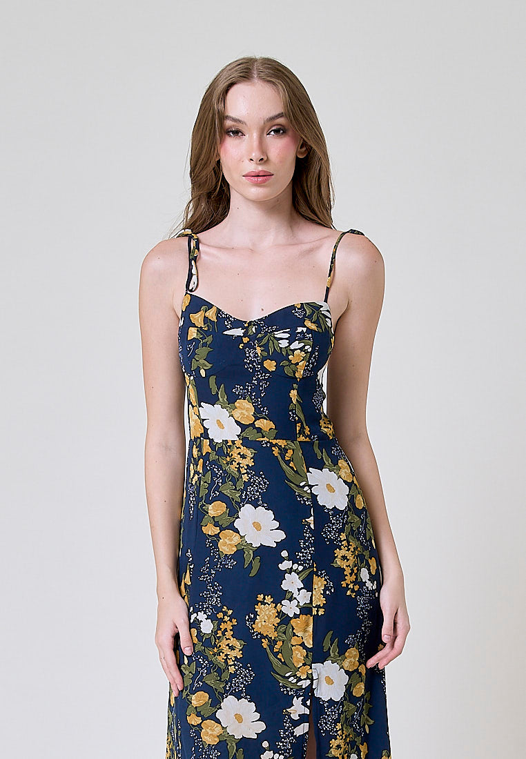 Elene Blue with White and Yellow Floral Print V Neckline Self tie Strap Midi Dress