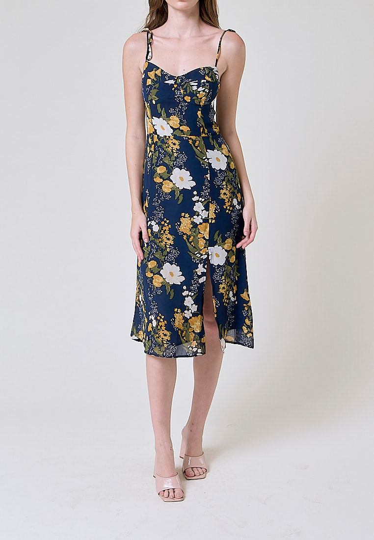 Elene Blue with White and Yellow Floral Print V Neckline Self tie Strap Midi Dress