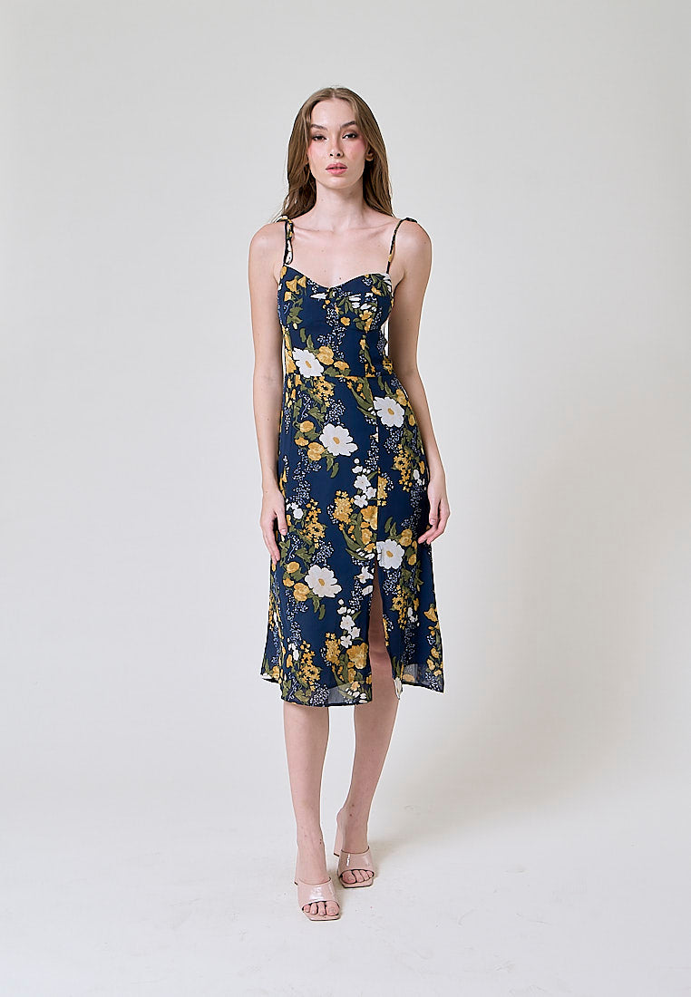 Elene Blue with White and Yellow Floral Print V Neckline Self tie Strap Midi Dress