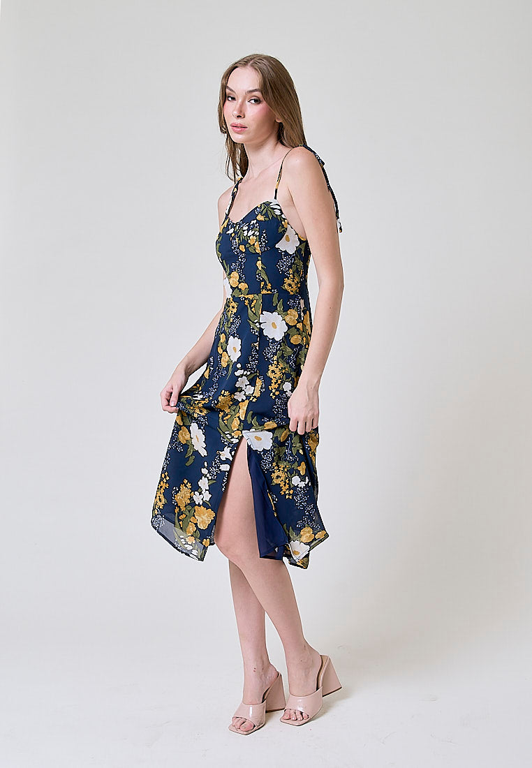 Elene Blue with White and Yellow Floral Print V Neckline Self tie Strap Midi Dress