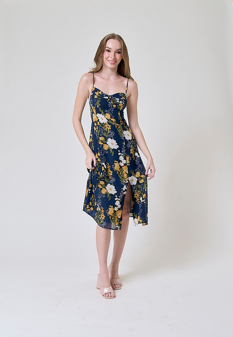 Elene Blue with White and Yellow Floral Print V Neckline Self tie Strap Midi Dress