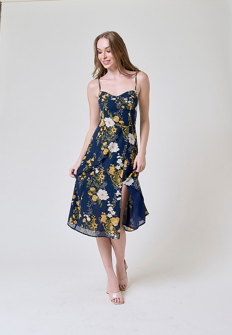 Elene Blue with White and Yellow Floral Print V Neckline Self tie Strap Midi Dress