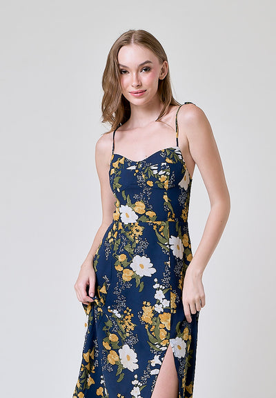 Elene Blue with White and Yellow Floral Print V Neckline Self tie Strap Midi Dress