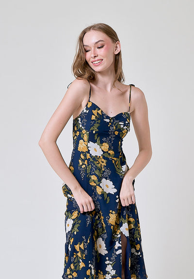 Elene Blue with White and Yellow Floral Print V Neckline Self tie Strap Midi Dress