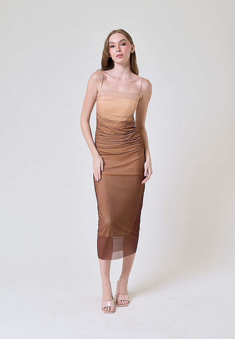 Gela Brown Pleated Sides Mesh Bodycon Thin Strap Midi Dress