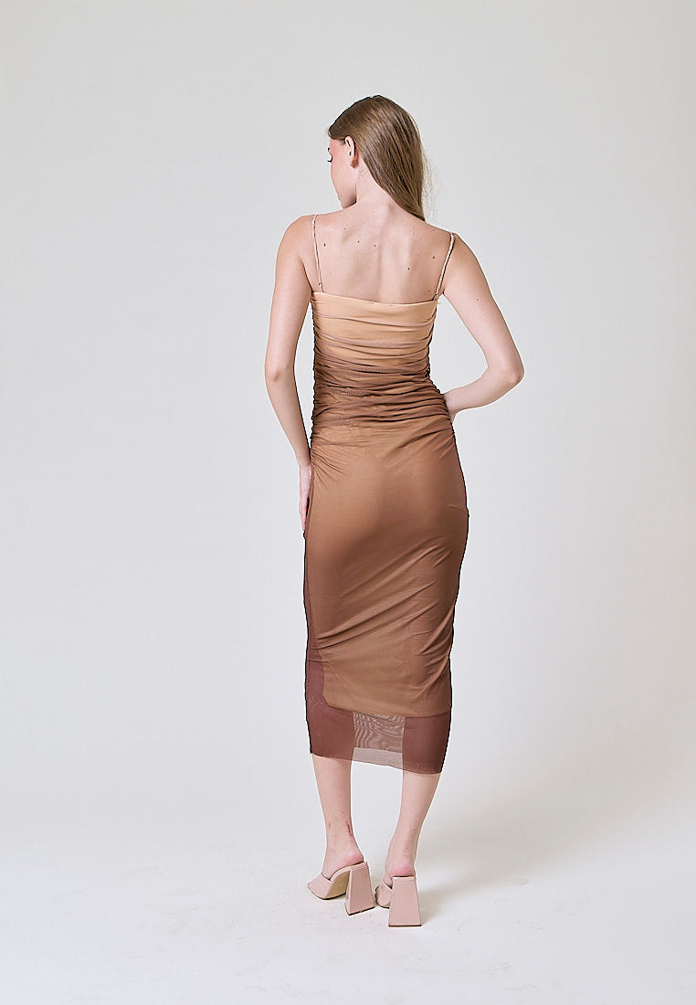 Gela Brown Pleated Sides Mesh Bodycon Thin Strap Midi Dress