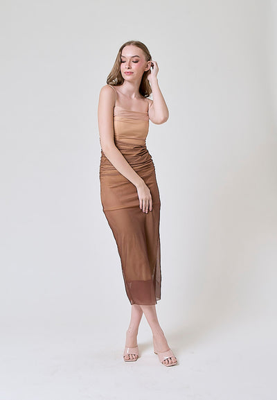 Gela Brown Pleated Sides Mesh Bodycon Thin Strap Midi Dress