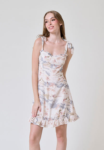 Dalya Muticolor Floral Print Sleeveless Self Tie Strap Ruffled Hem Mini Dress