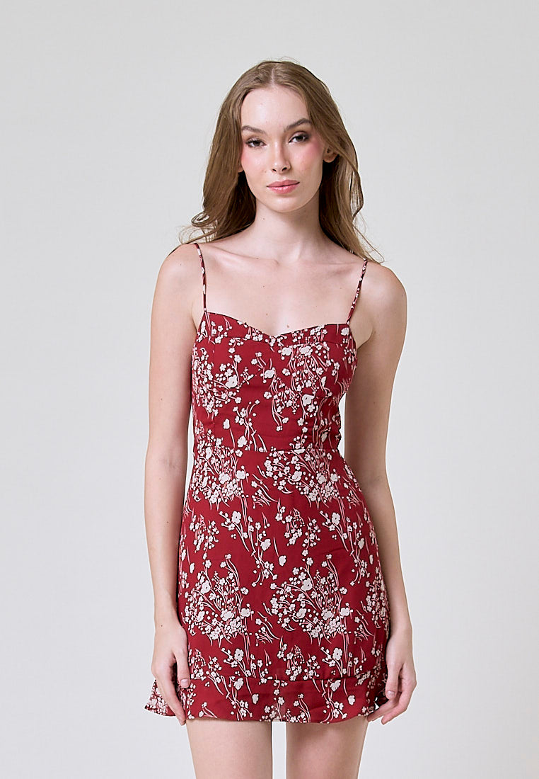 Joanne Maroon Floral All Over Print Mini Dress