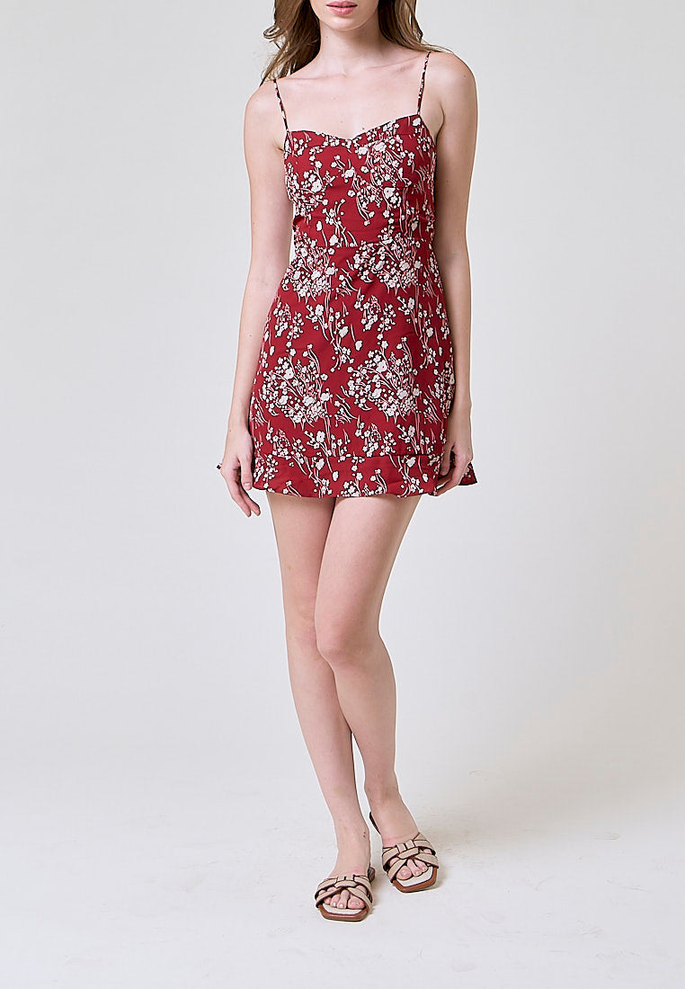 Joanne Maroon Floral All Over Print Mini Dress