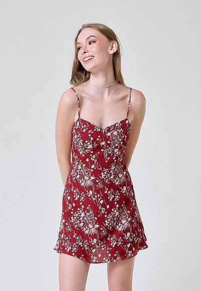 Joanne Maroon Floral All Over Print Mini Dress