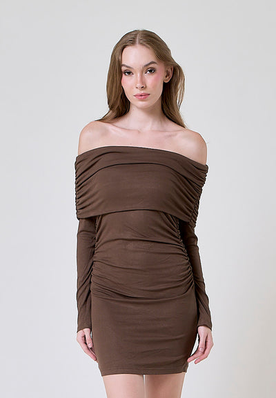 Celeste Brown Off Shoulder Ruched Long Sleeves Bodycon Mini Dress