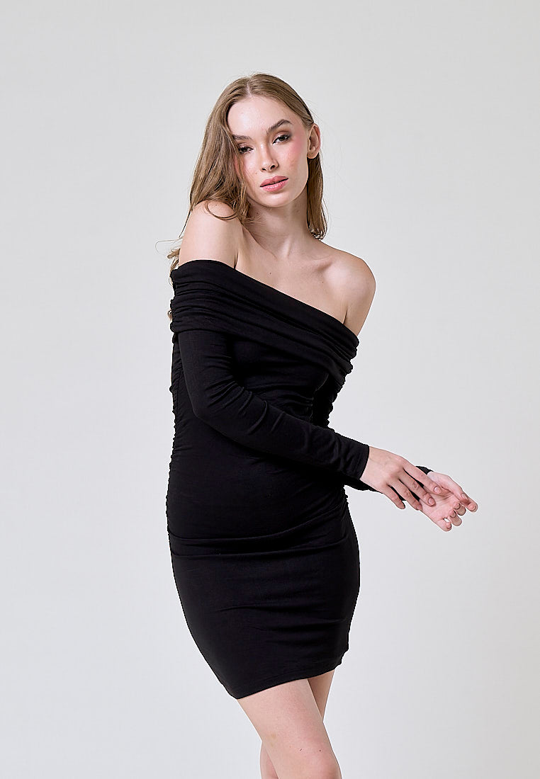 Celeste Black Off Shoulder Ruched Long Sleeves Bodycon Mini Dress