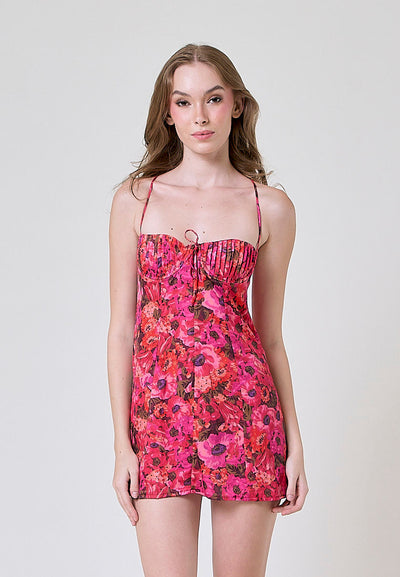 Daphne Red Floral Print Pleated Bust Sleeveless Open Back Mini Dress