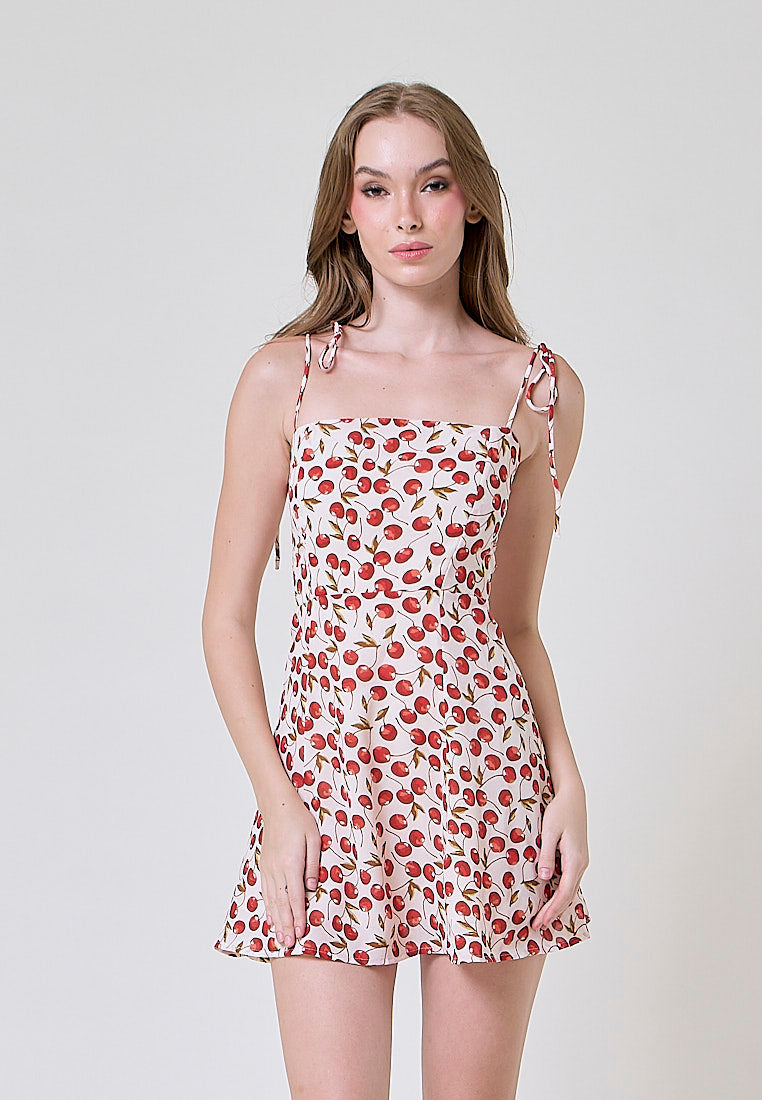 Rada White Red Cherry Print Sleeveless Self Tie Strap Smocked Zipper Back Mini Dress