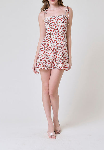 Rada White Red Cherry Print Sleeveless Self Tie Strap Smocked Zipper Back Mini Dress