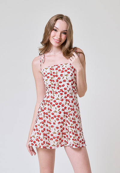 Rada White Red Cherry Print Sleeveless Self Tie Strap Smocked Zipper Back Mini Dress