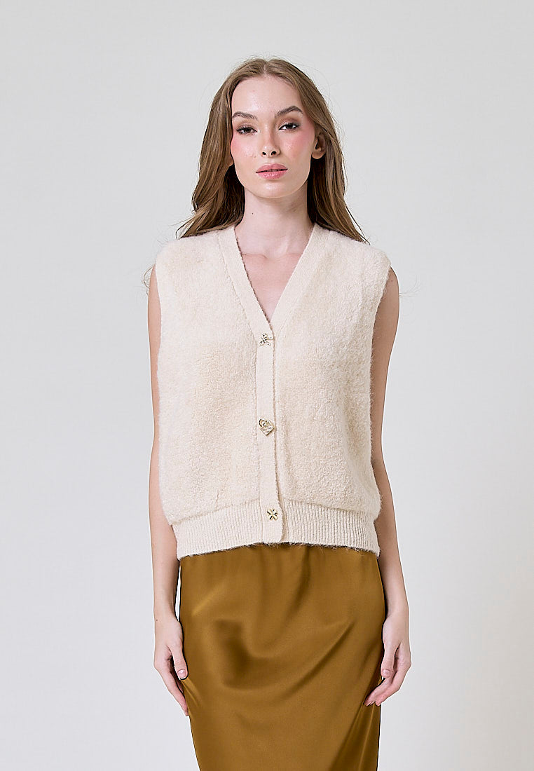 Oxford Beige Latte Knitted V Neck Single Breasted  Button Gem Sleeveless Vest Cardigan