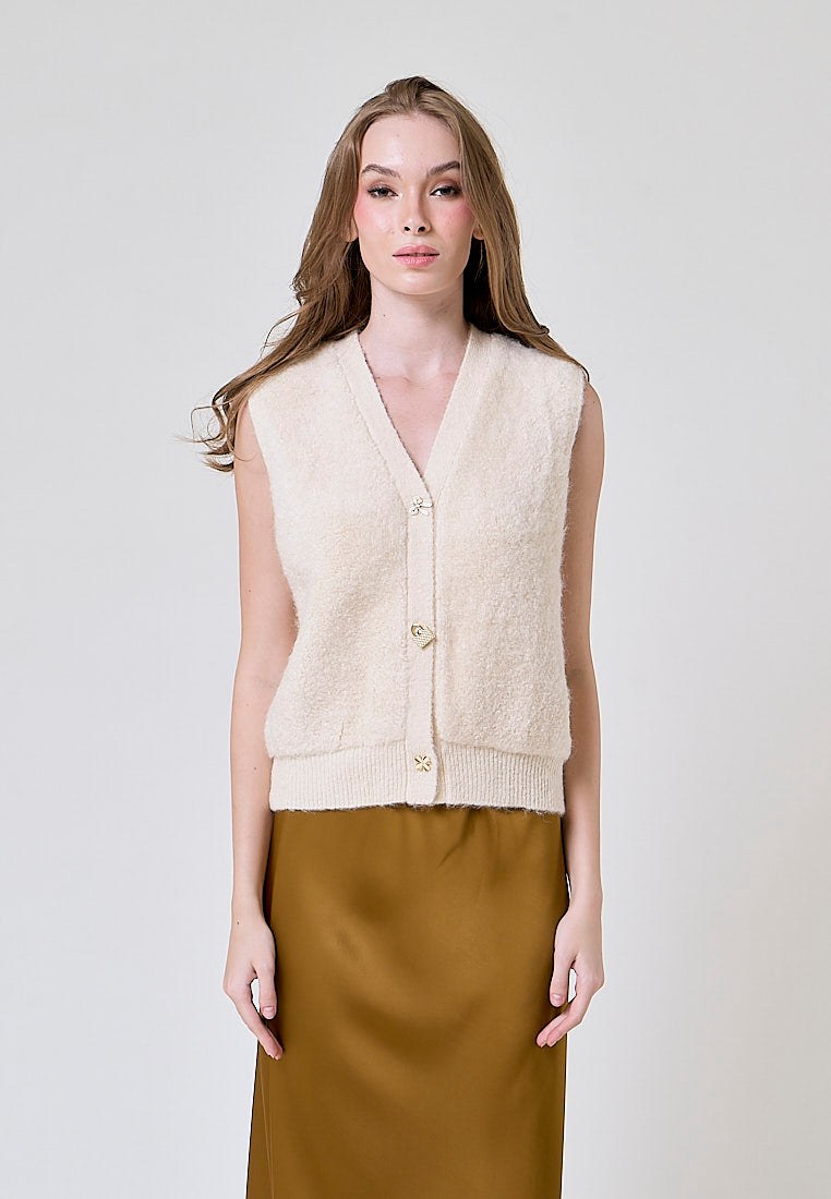 Oxford Beige Latte Knitted V Neck Single Breasted  Button Gem Sleeveless Vest Cardigan