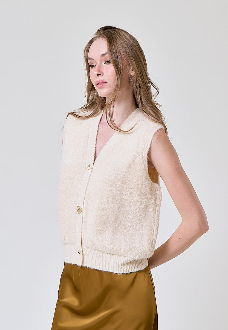 Oxford Beige Latte Knitted V Neck Single Breasted  Button Gem Sleeveless Vest Cardigan