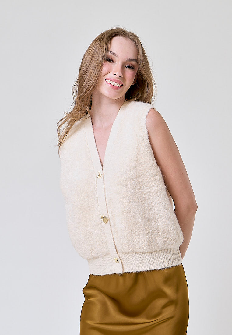 Oxford Beige Latte Knitted V Neck Single Breasted  Button Gem Sleeveless Vest Cardigan