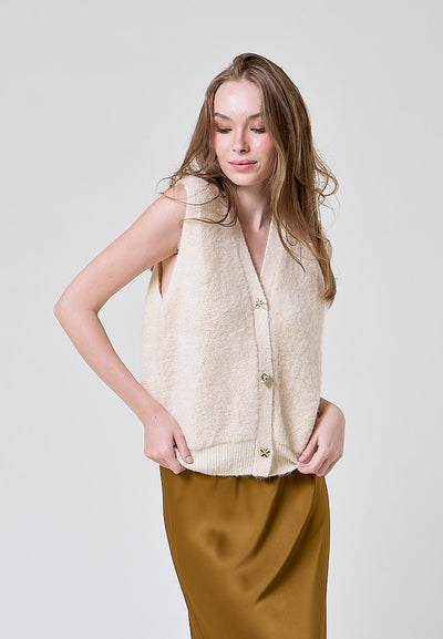 Oxford Beige Latte Knitted V Neck Single Breasted  Button Gem Sleeveless Vest Cardigan