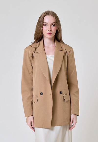 Livanna Khaki Peak Collar Double Breasted Long Sleeve Flap Pockets Casual Blazer