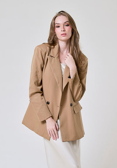 Livanna Khaki Peak Collar Double Breasted Long Sleeve Flap Pockets Casual Blazer