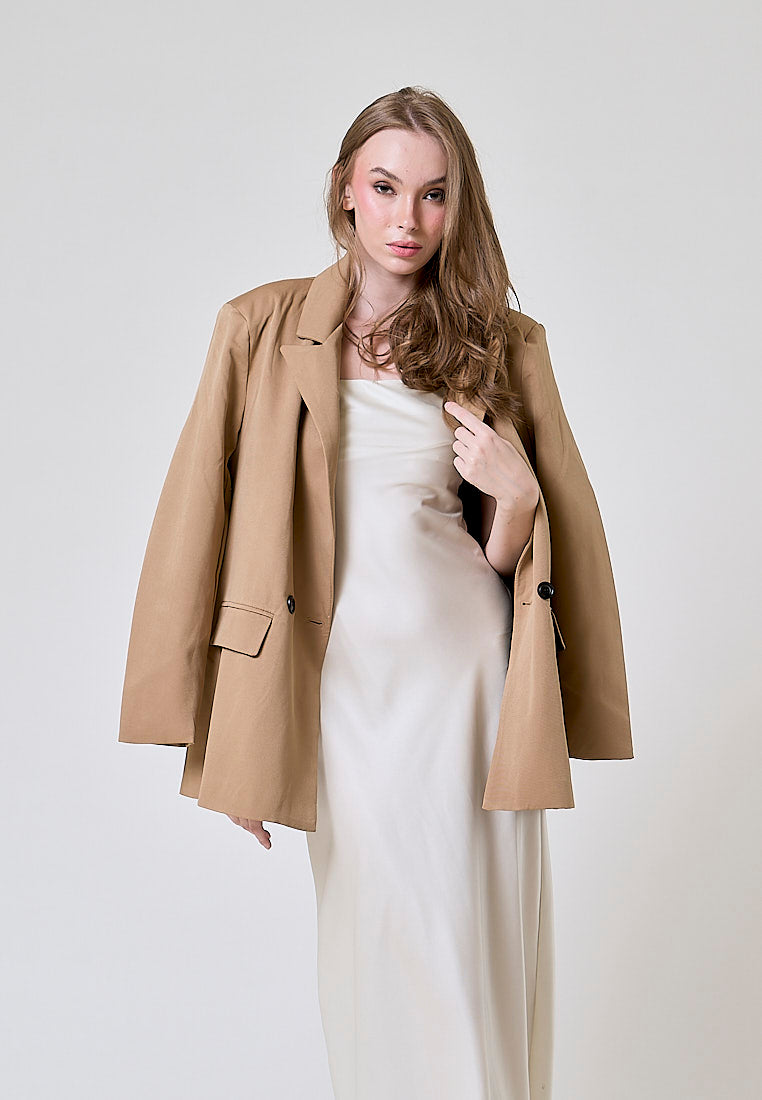 Livanna Khaki Peak Collar Double Breasted Long Sleeve Flap Pockets Casual Blazer