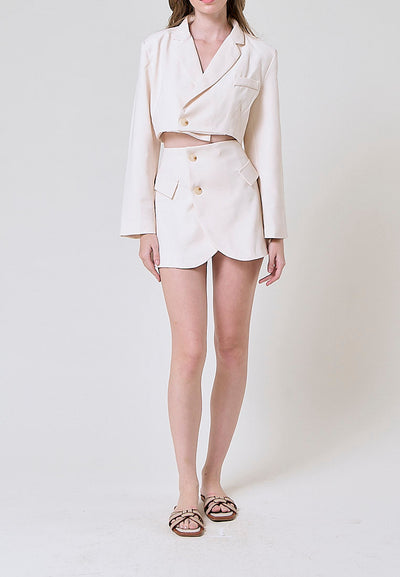 Leona Cream Cropped Blazer Top with Mini Skirt Set