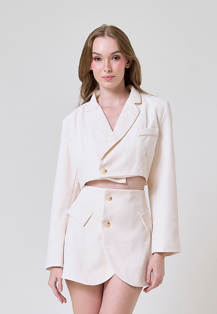 Leona Cream Cropped Blazer Top with Mini Skirt Set