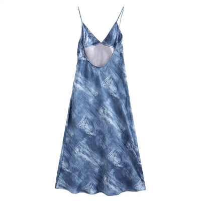 Maxwell Capri Blue Tie-Dye Print V-Neck Midi Dress