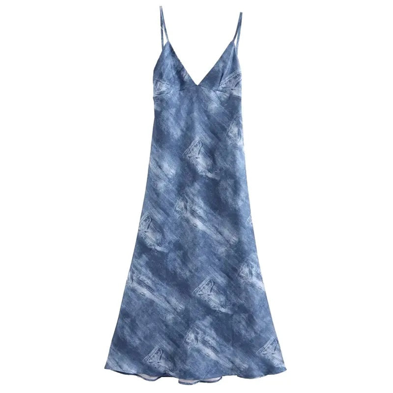 Maxwell Capri Blue Tie-Dye Print V-Neck Midi Dress