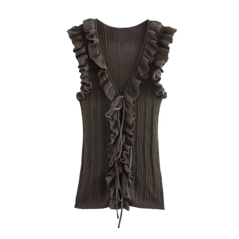 Miquel Moss Green V Neck  Sleeveless With Front Ruffle Top