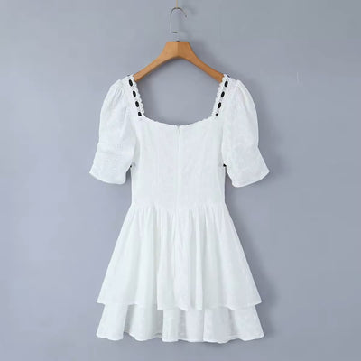 Mireil White Eyelet Square Neck with Black Ribbon Short Sleeves Layered Mini Dress