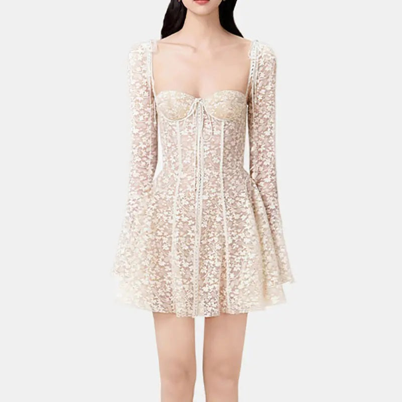 Larra Nude Pure Desire Lace Long Sleeve Mini Dress